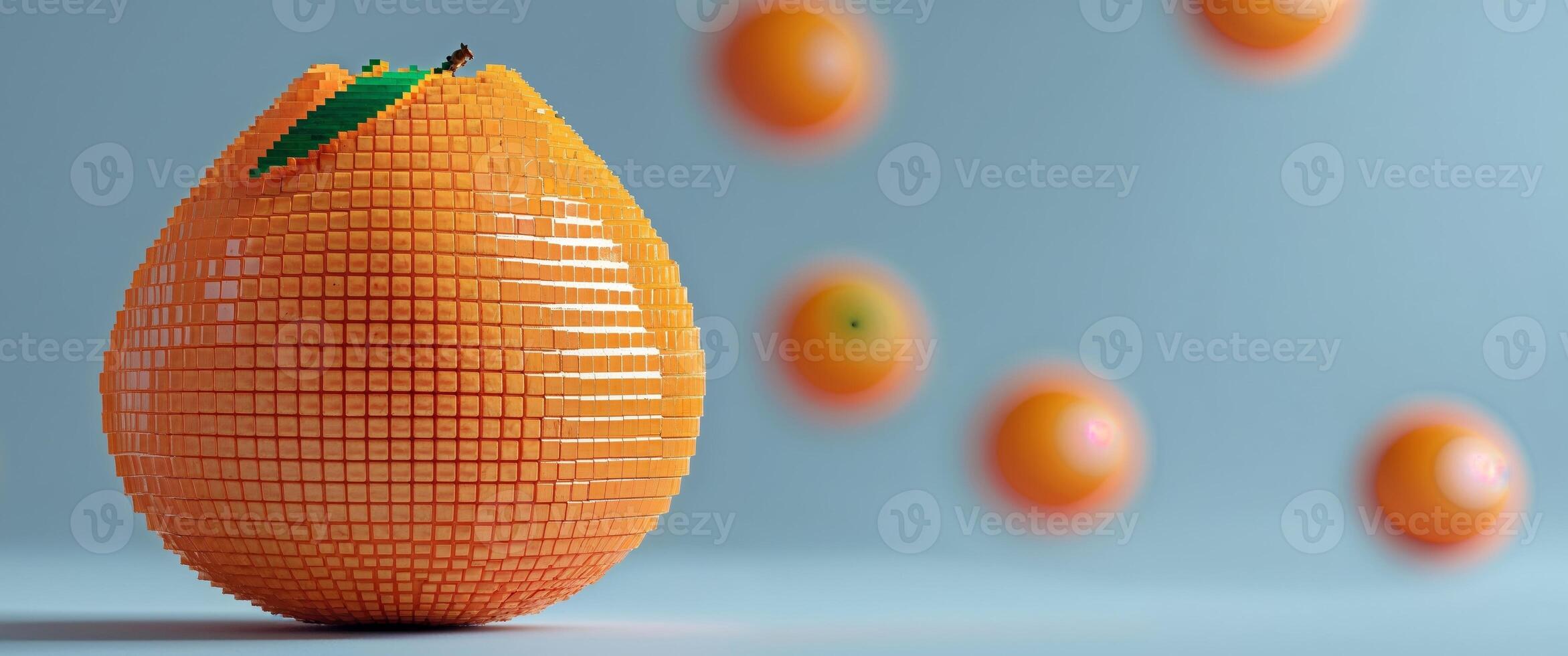 Bright Orange Fruit in Pixel Art Style on Light Blue Background. photo