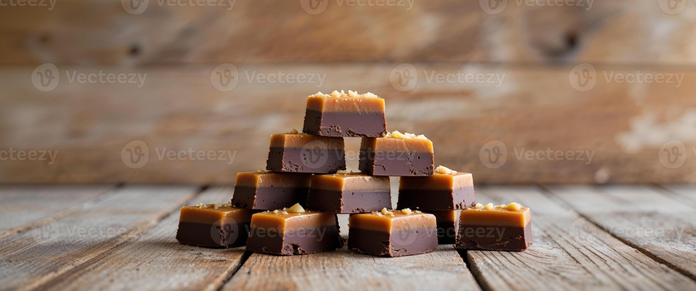 Stack of Chocolate Caramel Fudge Pieces on Textured Wooden Surface Background photo