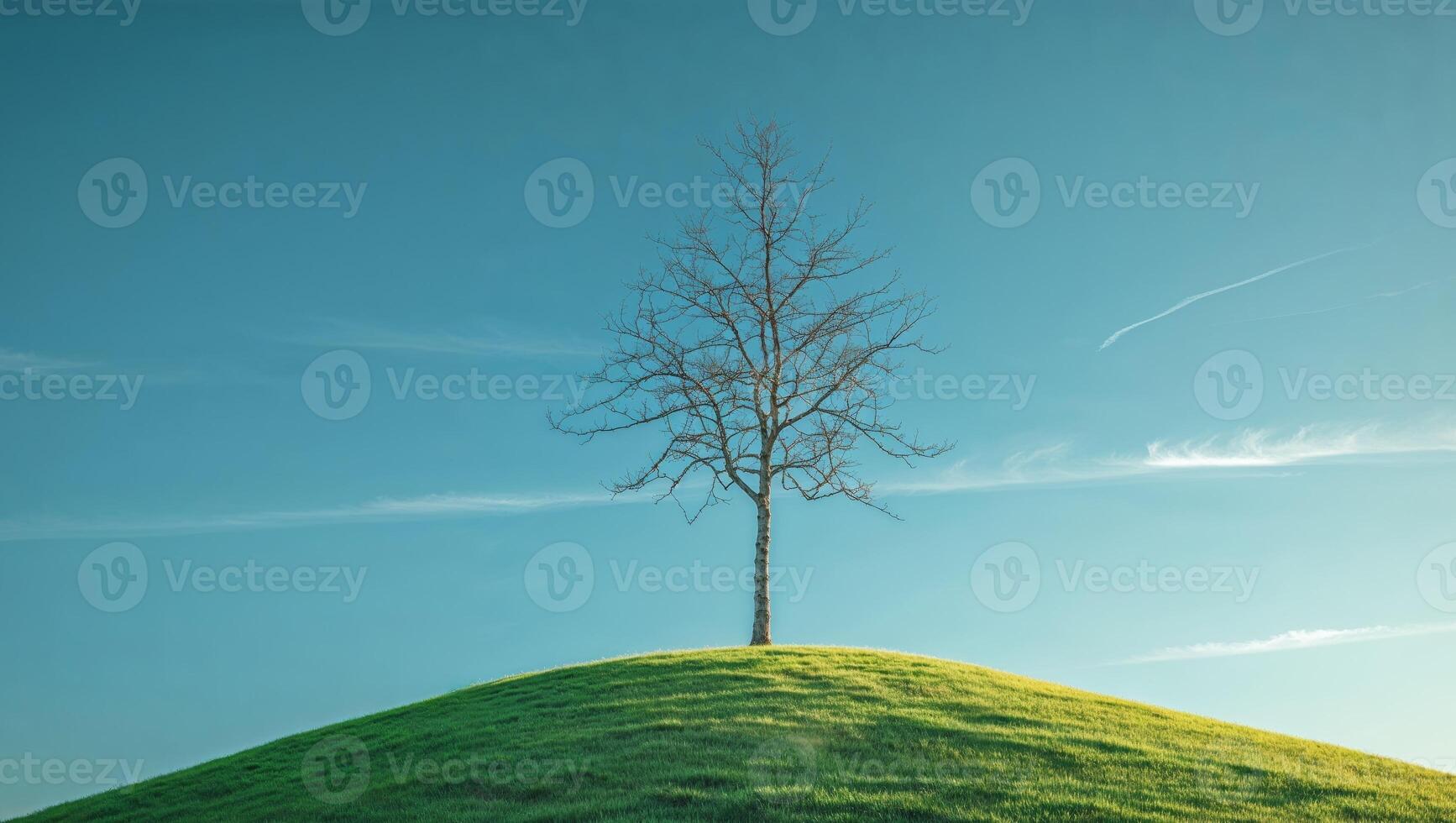 Solitary tree on green hill under clear blue sky photo