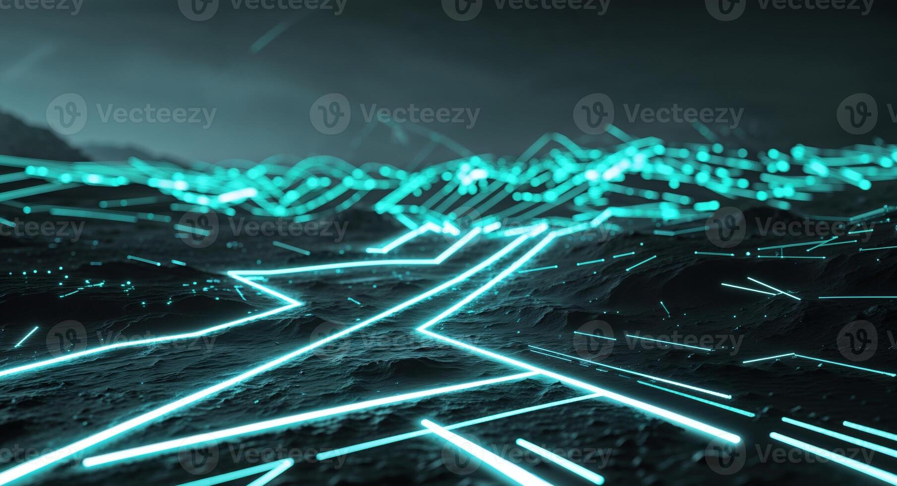 Futuristic Digital Landscape with Cybernetic Pathways and Glowing Binary Code. photo