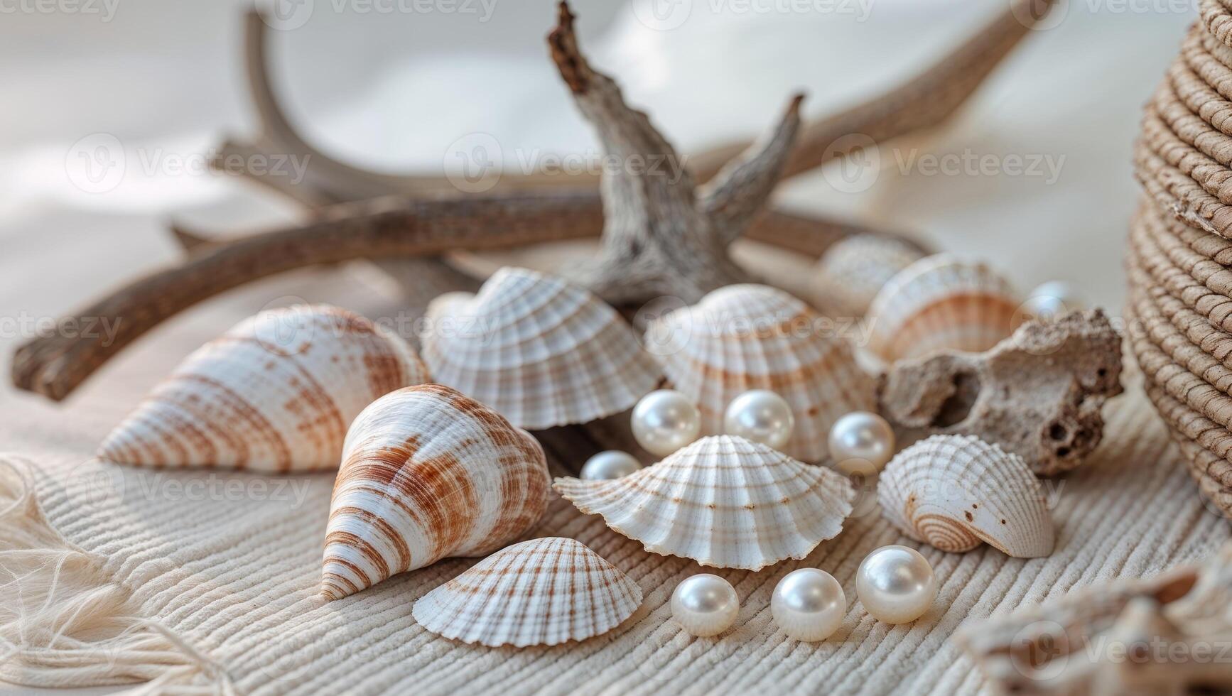 Shells and pearls on a table photo