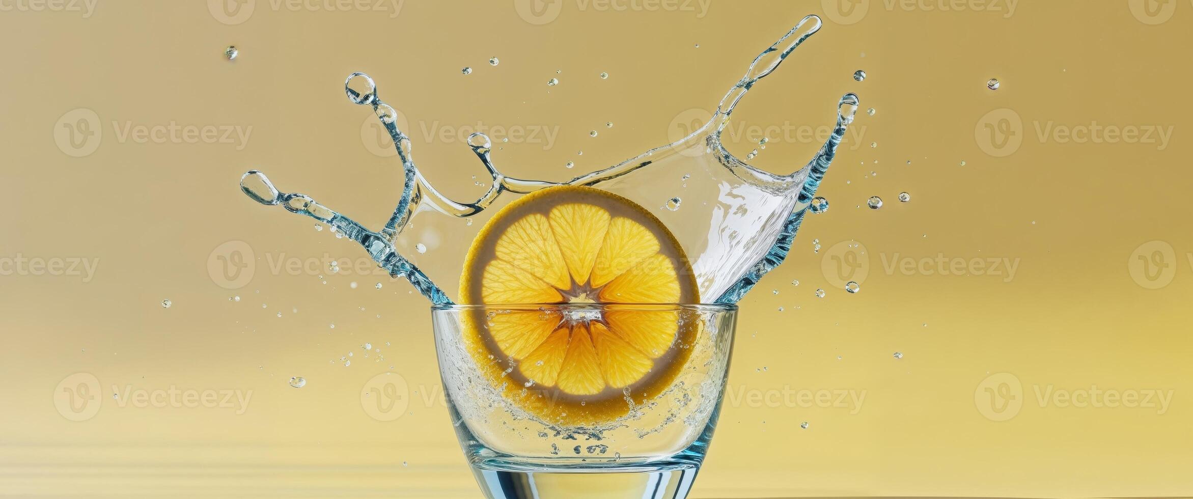 A slice of lemon is being splashed into a glass photo