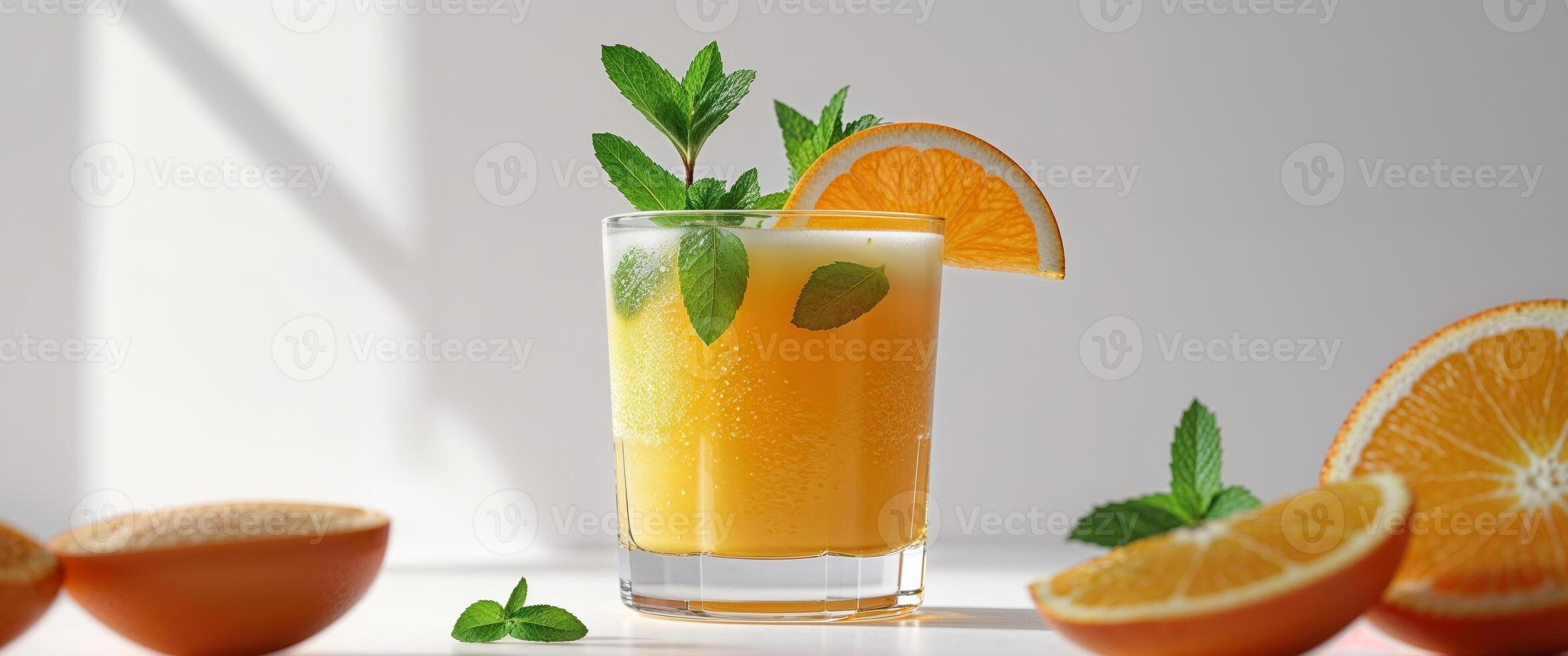 Refreshing Orange Juice with Fresh Oranges and Mint Garnish photo