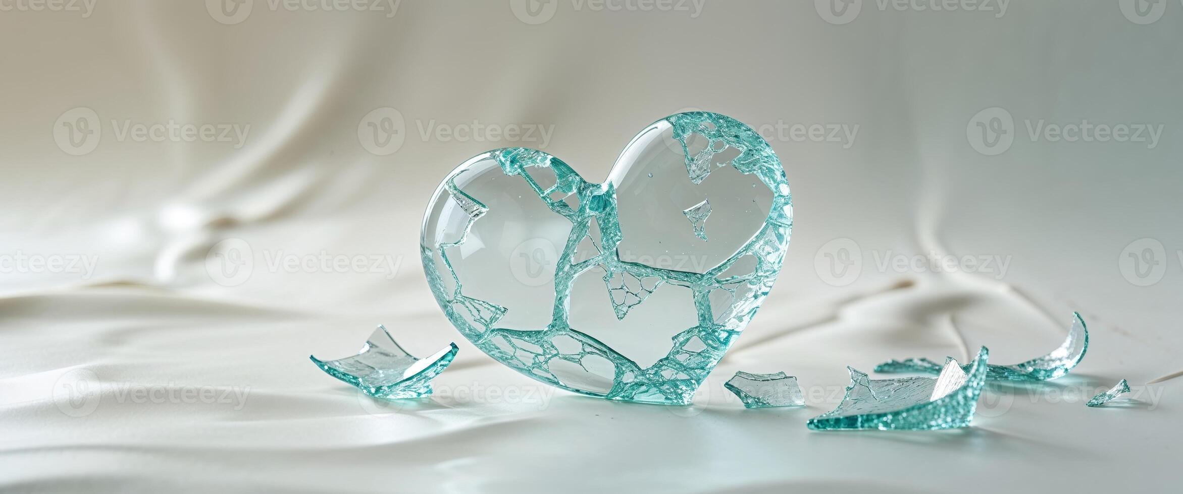 Broken heart made of glass with delicate fragments on a tranquil solid background. photo