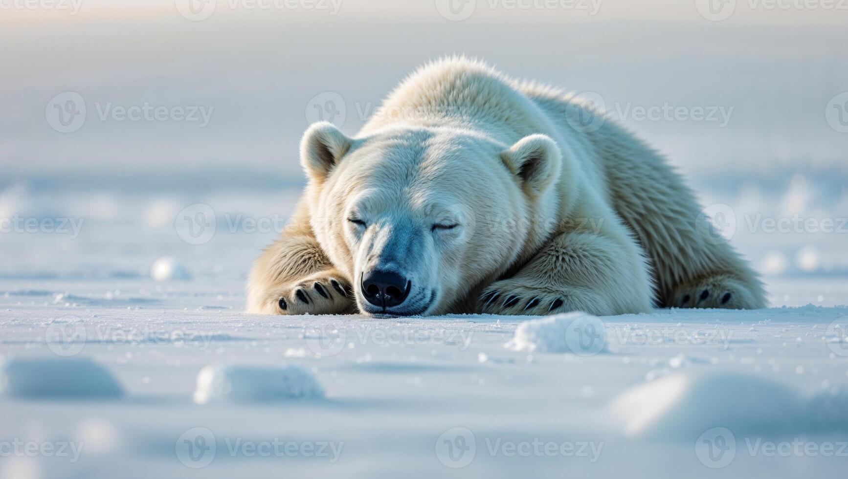 Cute polar bear sleeping soundly on the ice and snow photo
