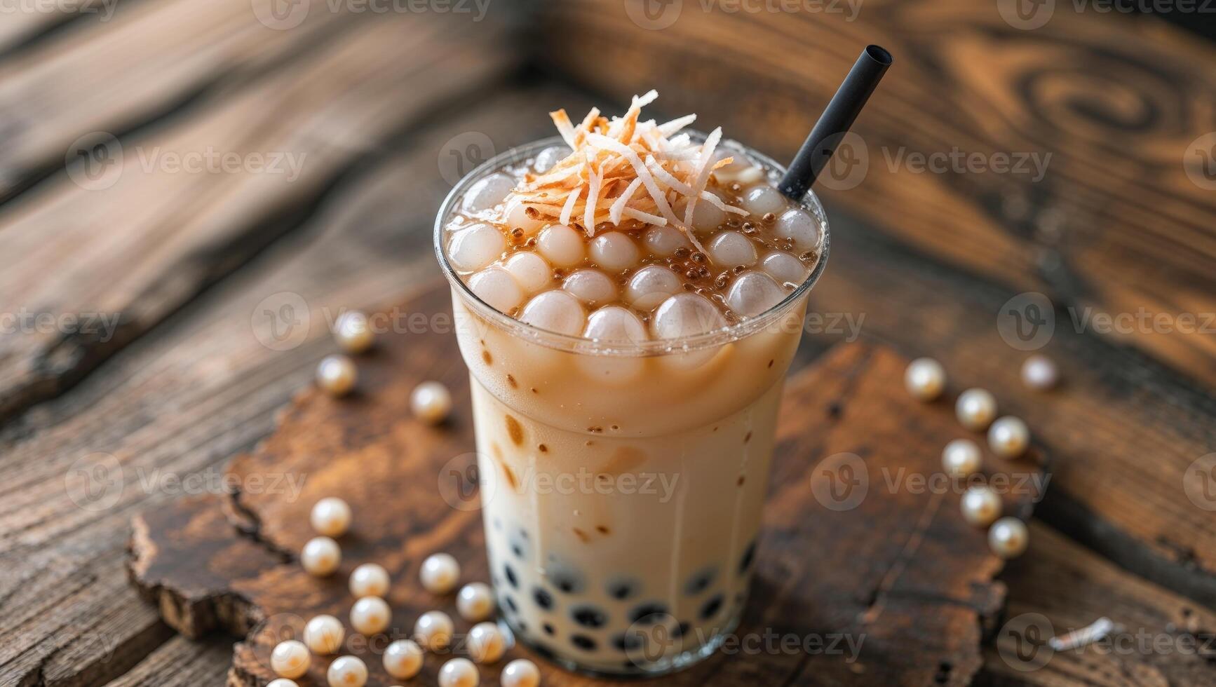 Refreshing iced bubble tea with tapioca pearls and coconut on a rustic wooden table setting. photo
