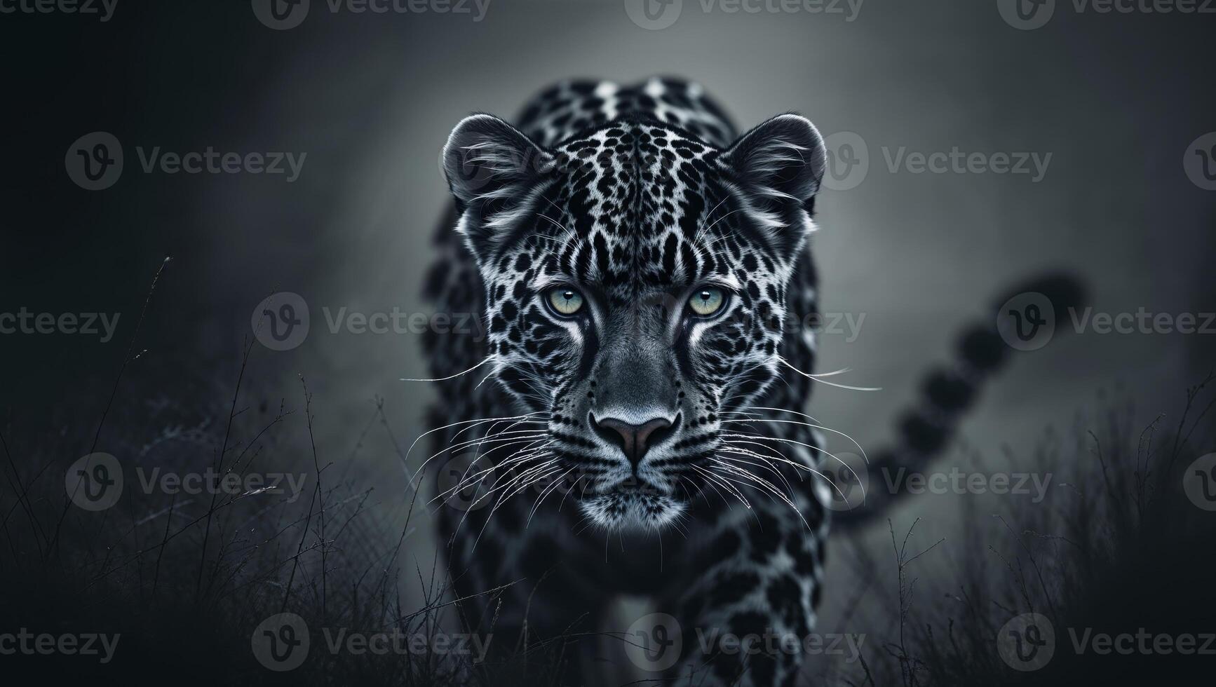 Melanistic Leopard with Golden Eyes Emerging from Shadows photo
