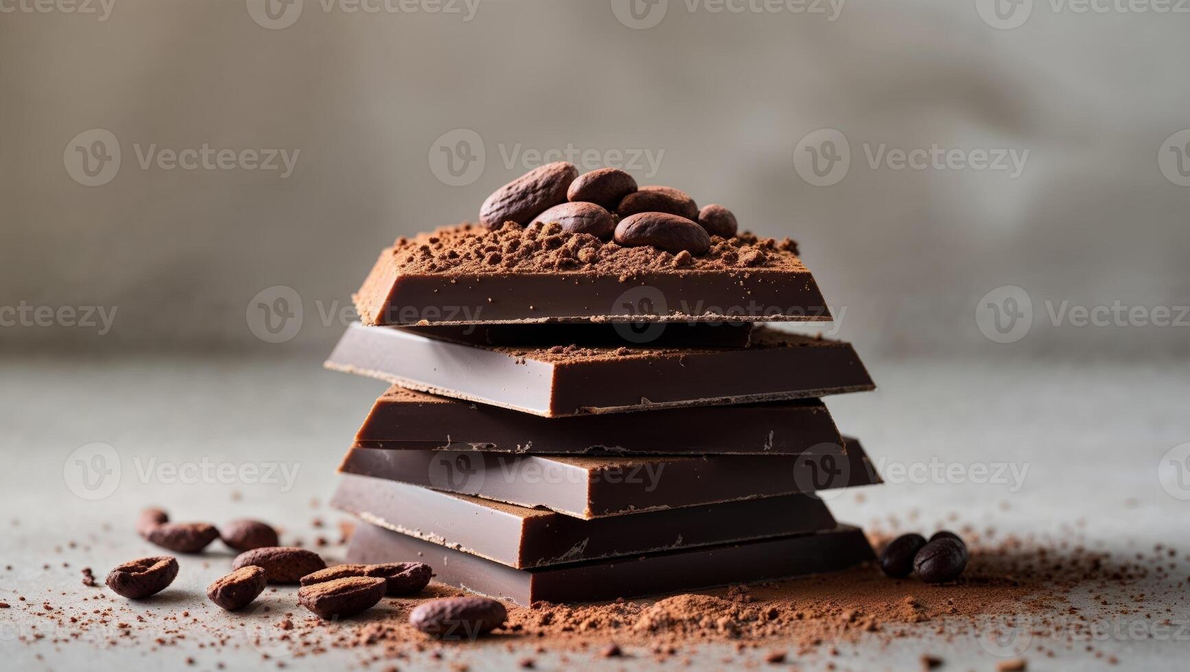 Stack of Dark Chocolate Bars Topped with Cocoa Powder and Cocoa Beans photo
