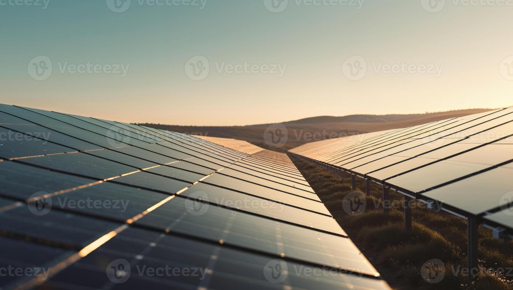 Vast solar panel array is capturing sunlight and converting it into clean energy. photo