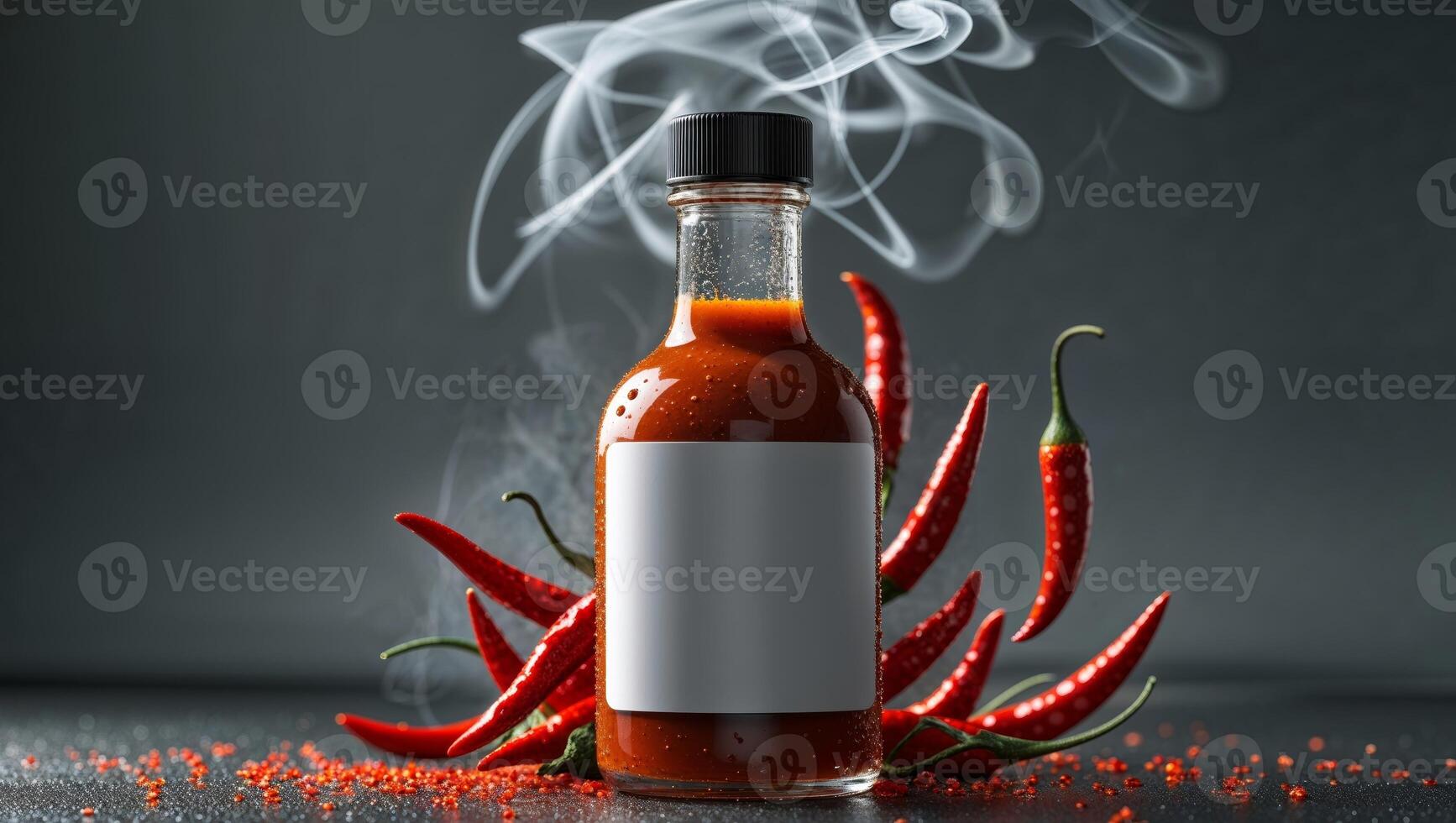 A bottle of spicy hot sauce with a blank mockup label surrounded by red chili peppers and smoke. photo