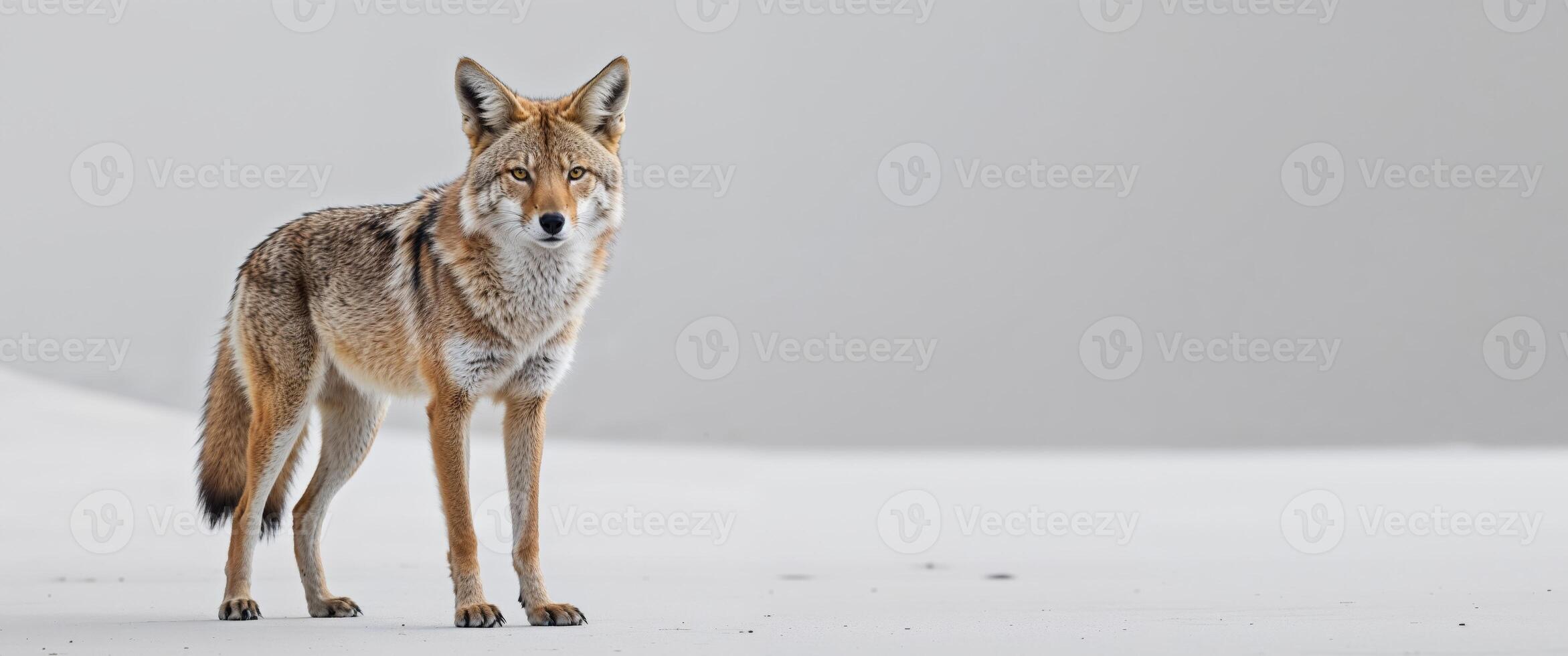 Coyote standing attentively in front of a white backdrop. photo