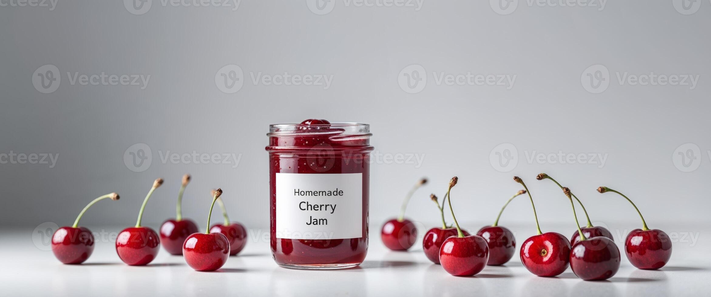 Homemade cherry jam in a glass jar with fresh cherries on a simple background photo
