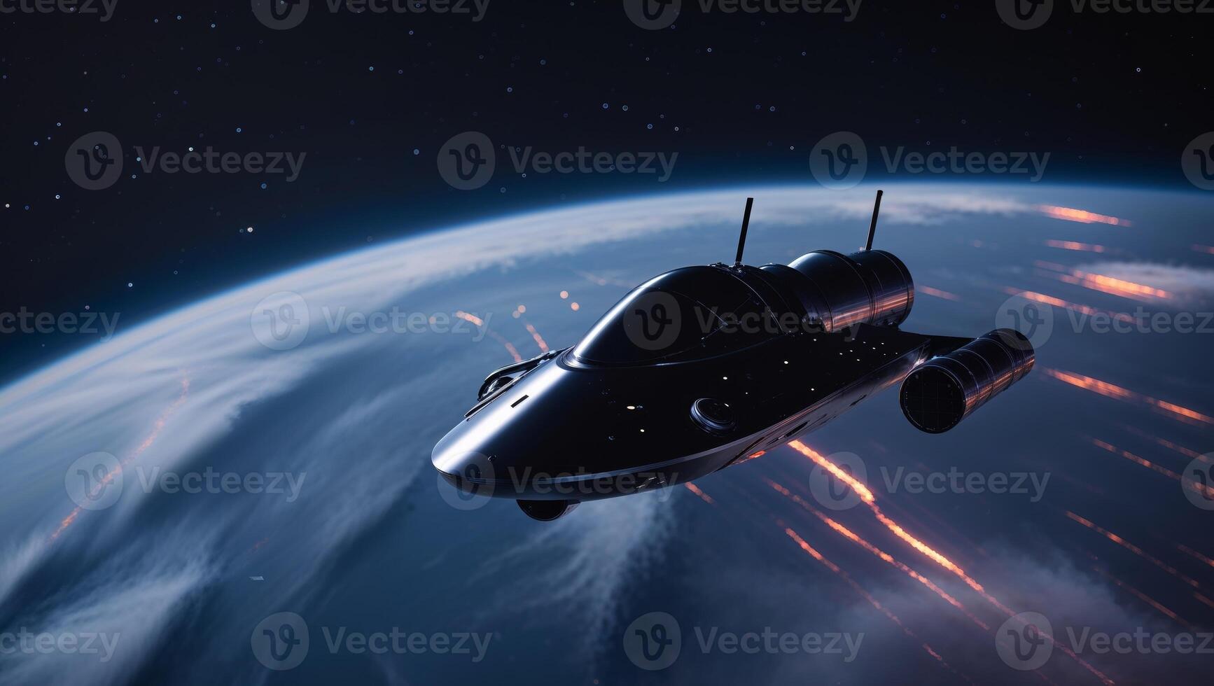 Spacecraft orbiting Earth with illuminated cities visible from above at night. photo