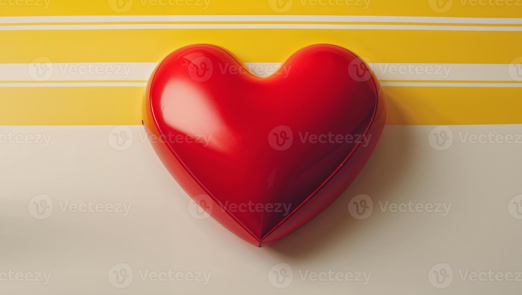 Red heart on a bright yellow and white striped background creating a retro and joyful theme with ample space for text or messages. photo