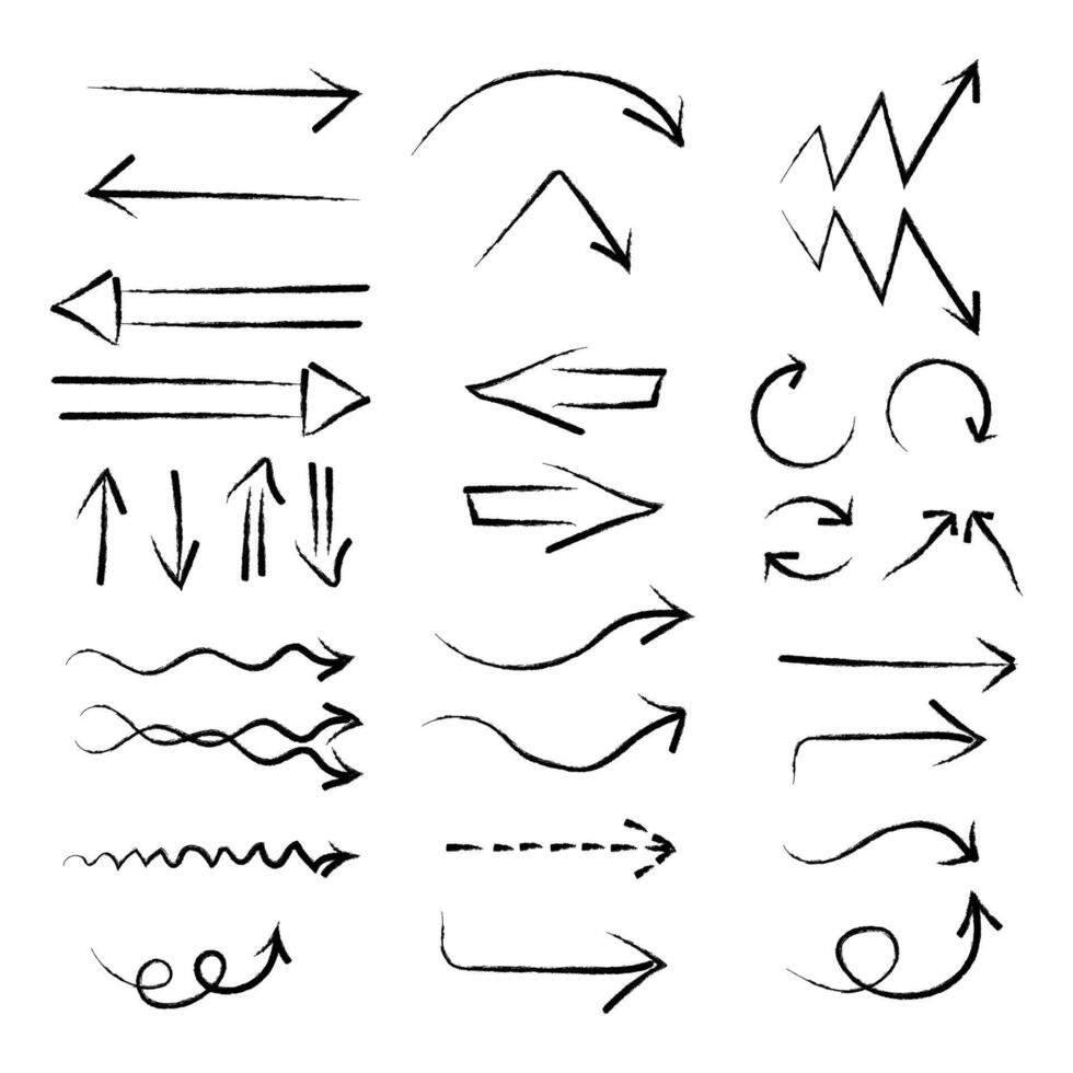 Set of black arrows drawn by hand with charcoal. Collection of arrows in different directions. Doodle elements on isolated background. vector