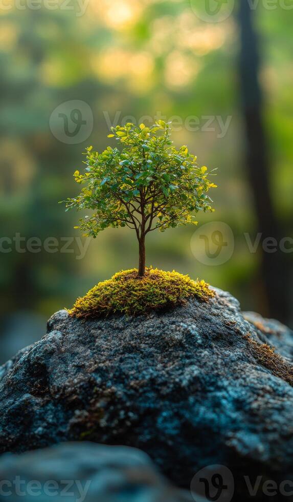 A small tree is growing on a rock. The tree is surrounded by moss and is the only living thing in the image. Concept of resilience and hope, as the tree is able to grow photo