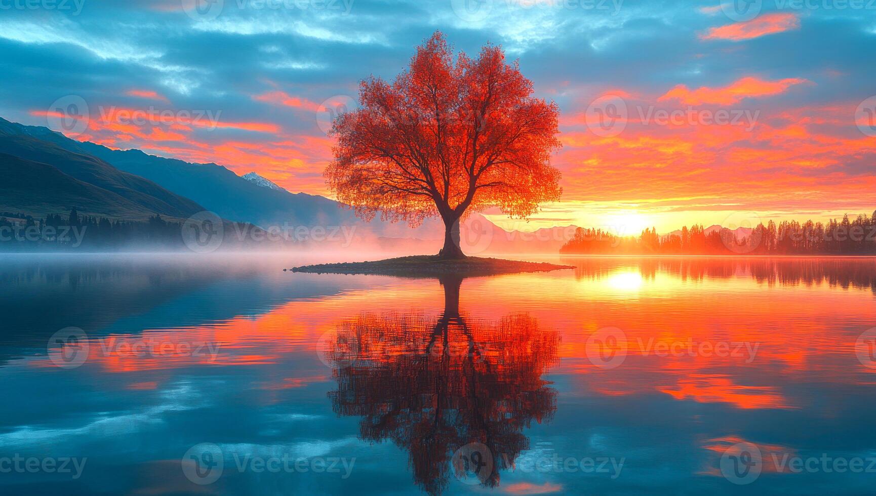 A tree is reflected in the water of a lake. The sky is orange and the water is calm photo