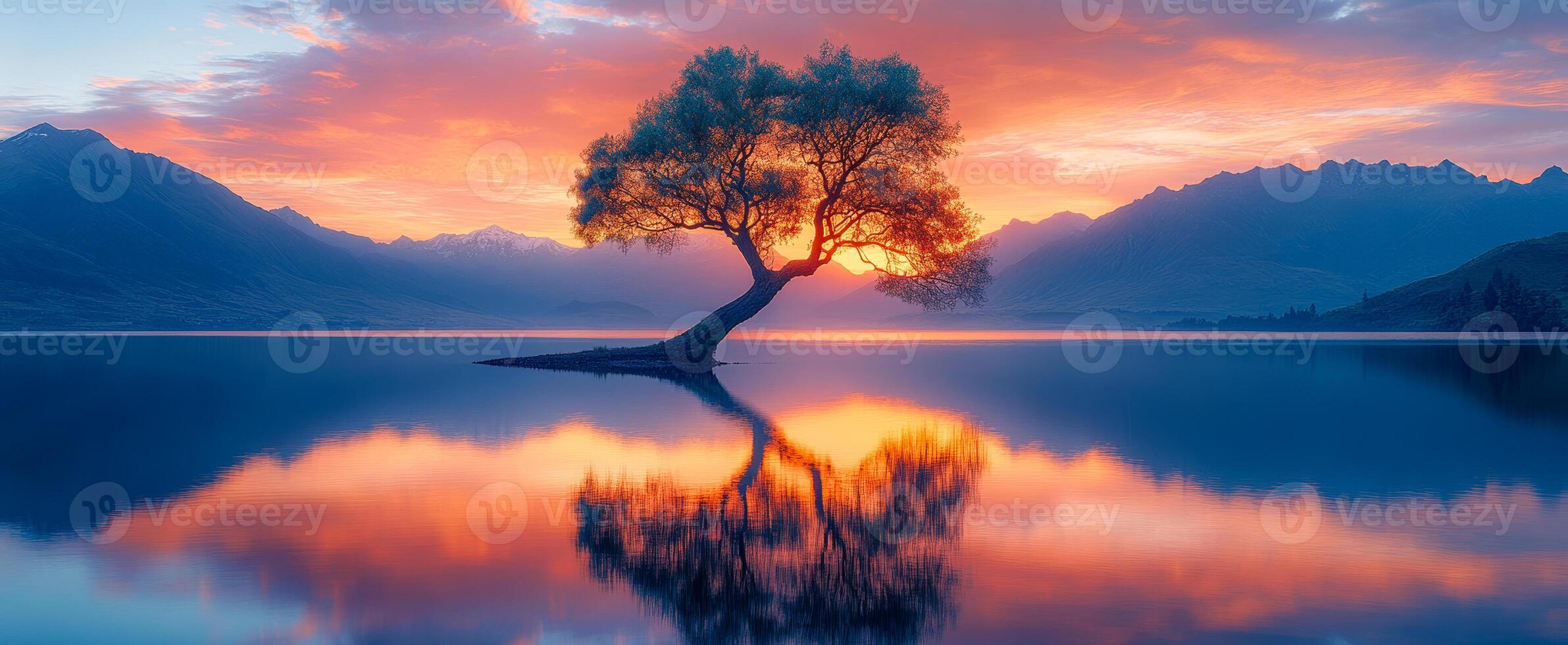A tree is reflected in the water of a lake. The sky is orange and pink. The scene is peaceful and serene photo
