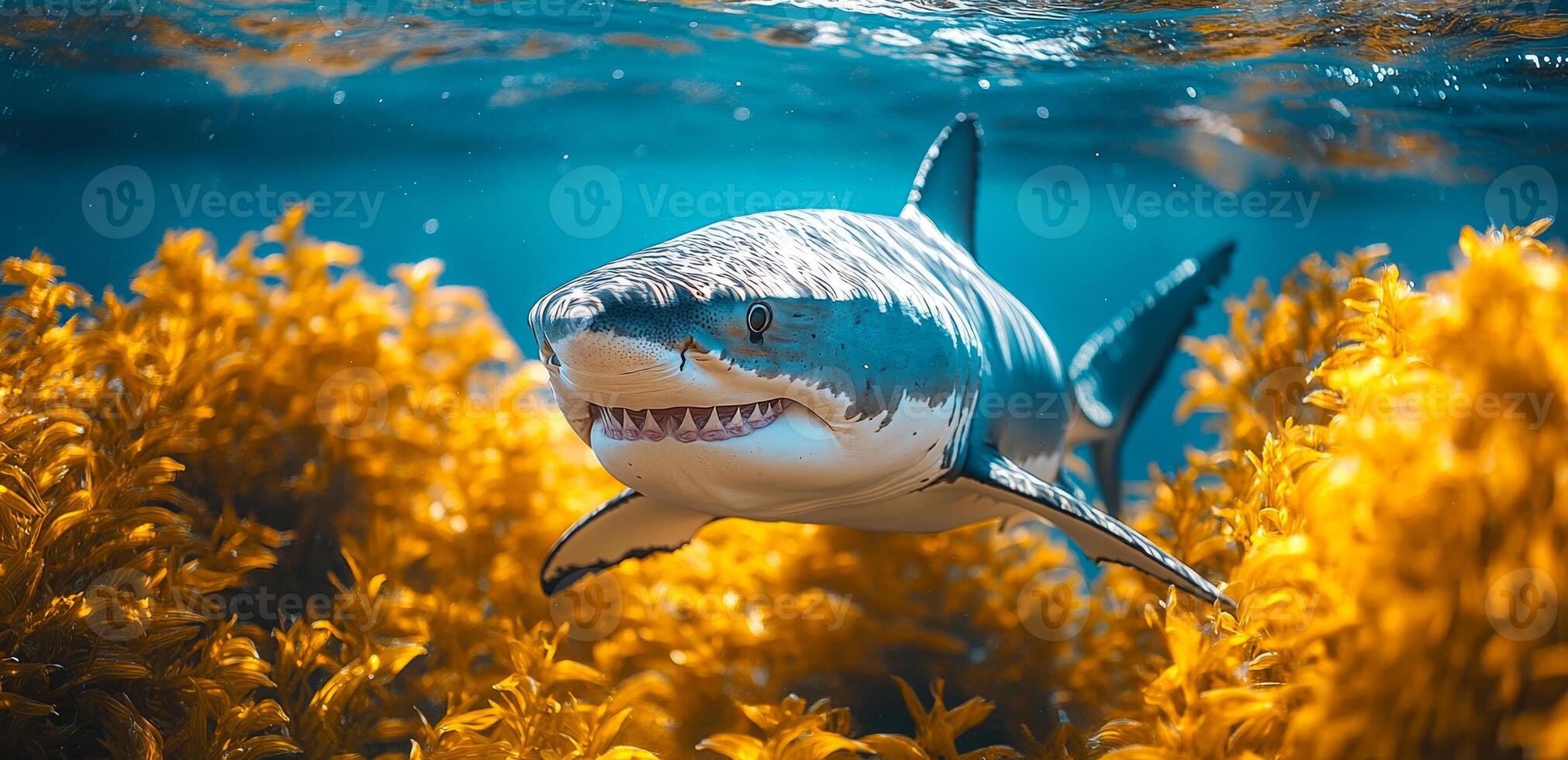 A shark is swimming in the ocean with yellow seaweed in the background. The shark is surrounded by the seaweed, which gives the image a sense of depth and a natural, wild feel photo