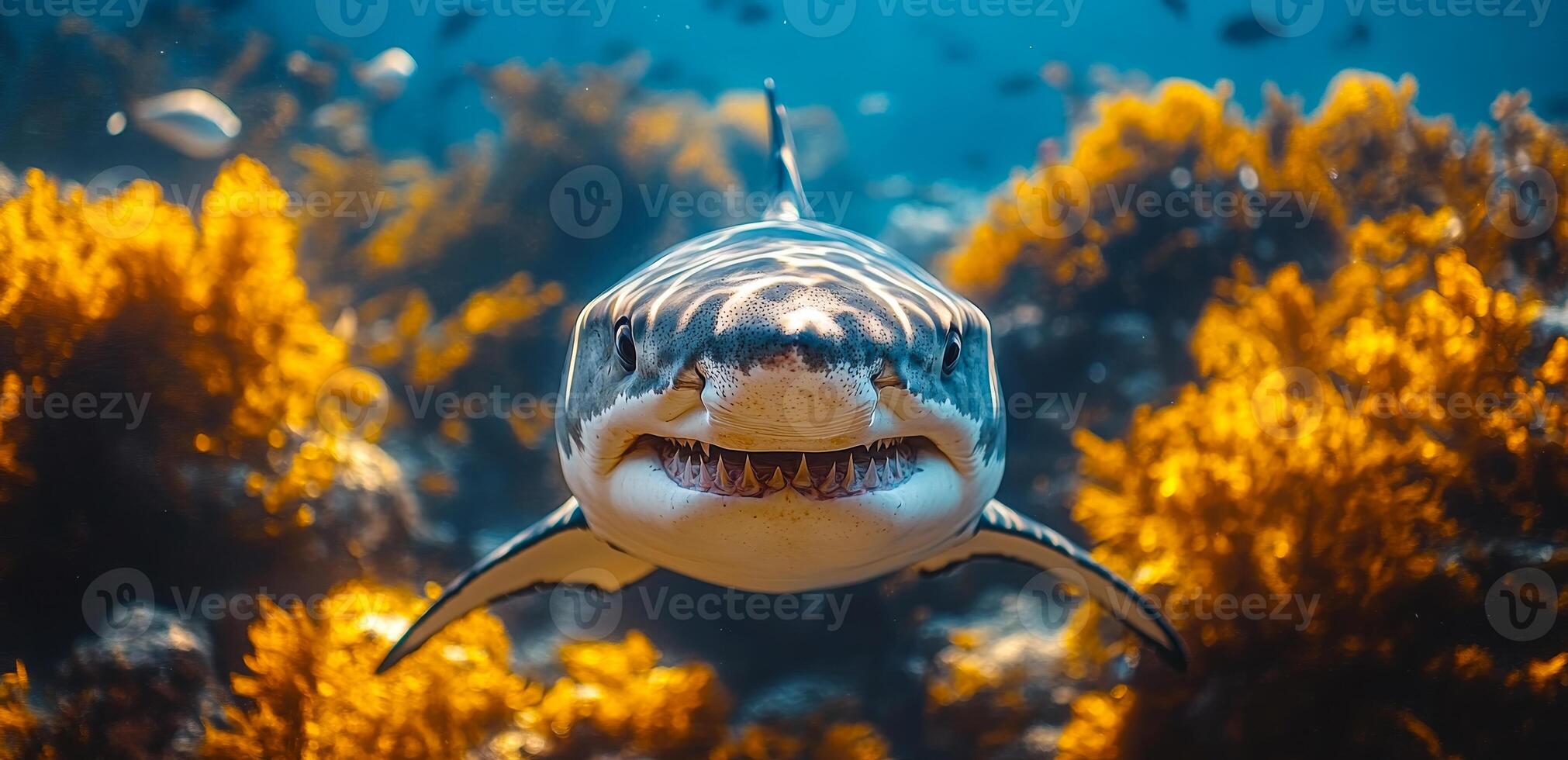 A shark is swimming in the ocean with its mouth open. The water is green and murky, and the shark is surrounded by seaweed photo