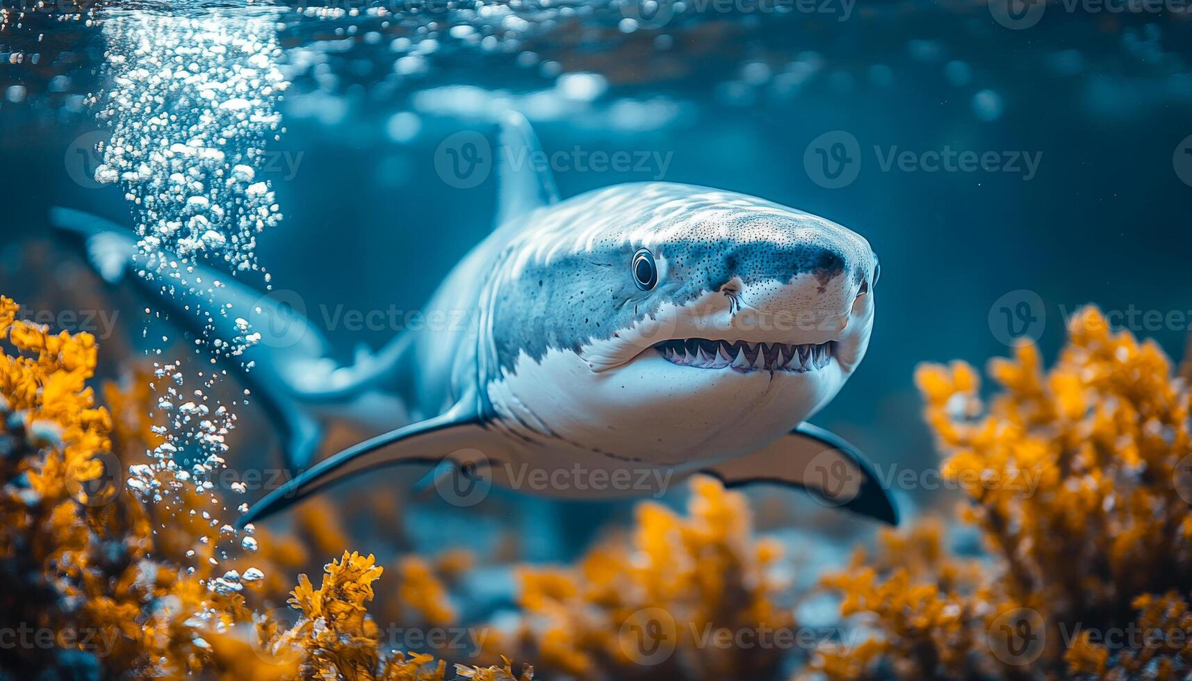 A shark is swimming in the ocean with its mouth open. The water is clear and blue, and the shark is surrounded by green seaweed. Concept of danger and excitement photo