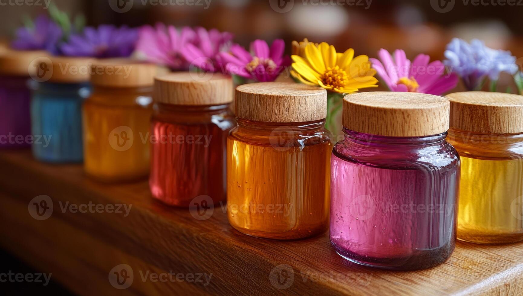 A row of colorful glass bottles with flowers on top. The bottles are lined up on a wooden surface photo