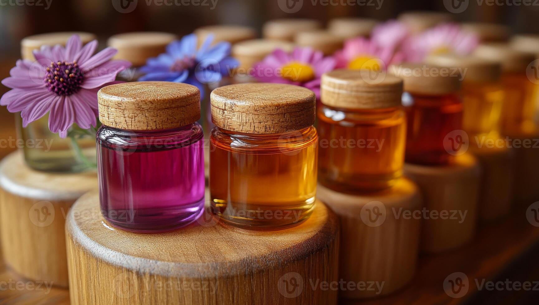 A row of small glass bottles with different colored liquids inside. The bottles are arranged on a wooden platform photo