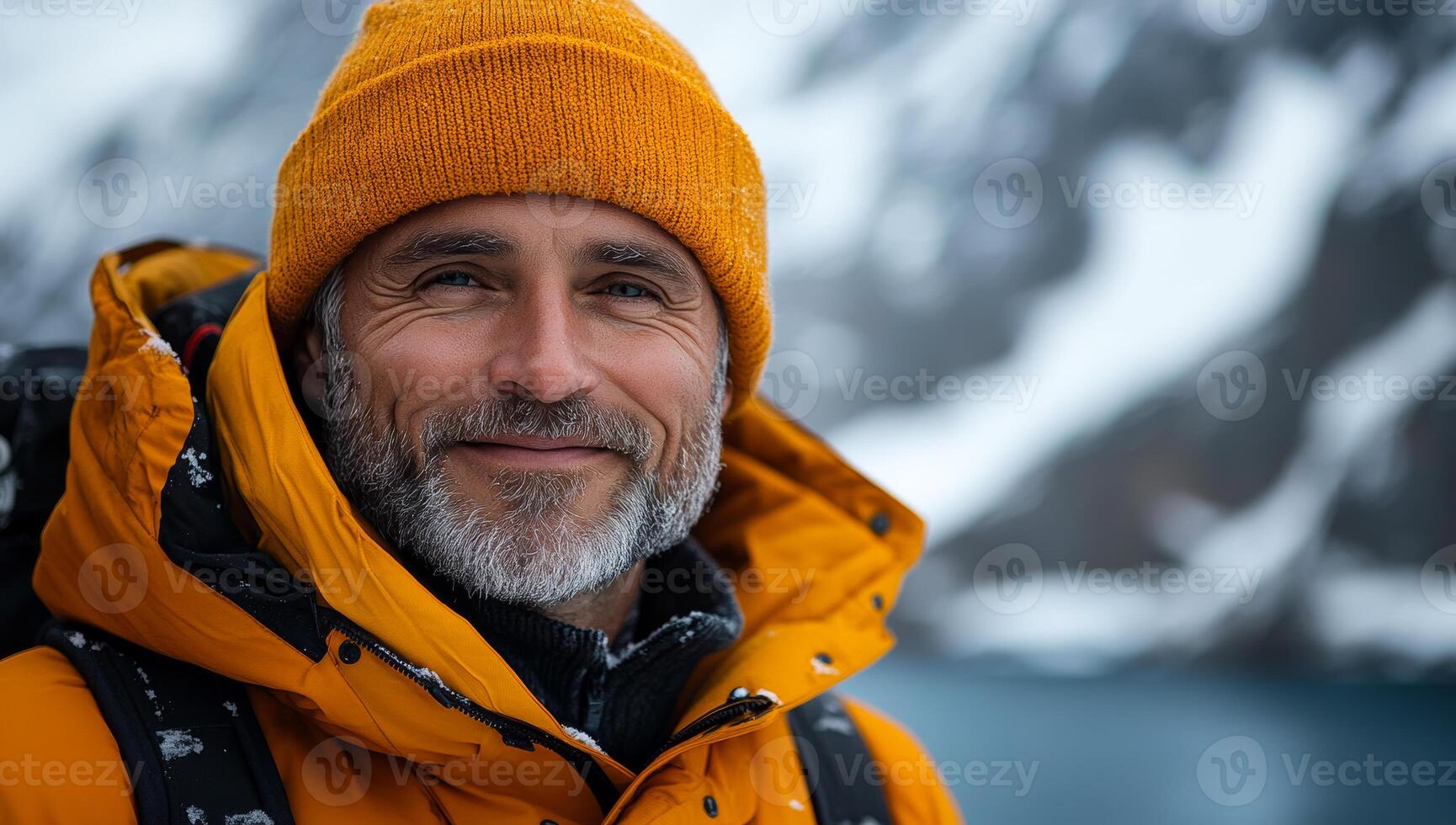 A man wearing a yellow hat and a yellow jacket is smiling. He is standing in front of a mountain photo