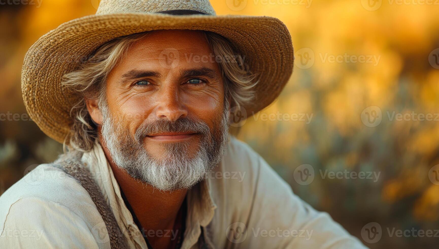 A man with a straw hat and a beard is smiling. He is wearing a white shirt and a vest photo
