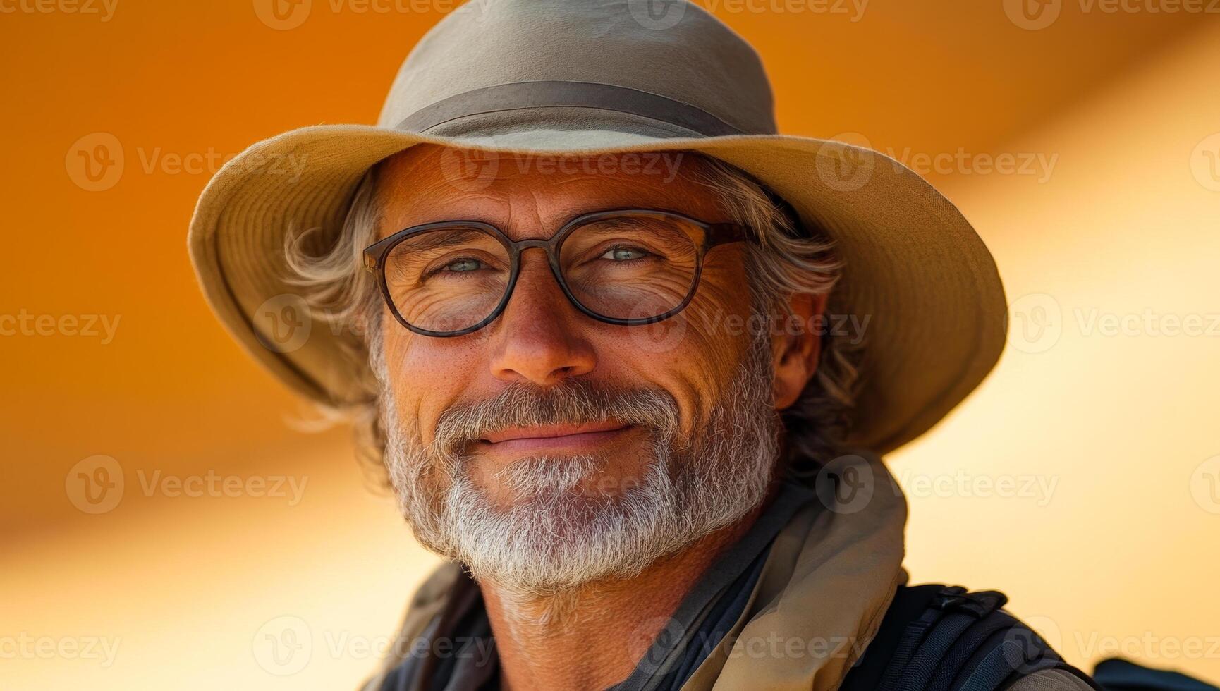 A man with a hat and glasses is smiling. He looks happy and content. The hat is brown and the glasses are black photo