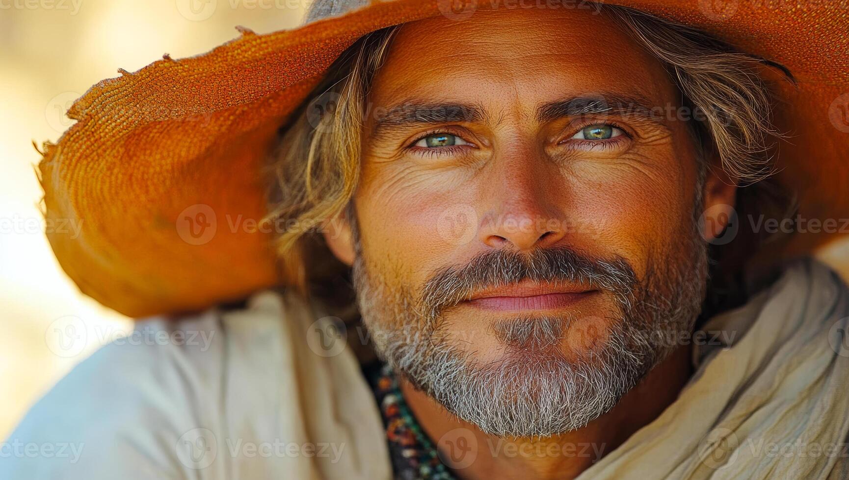 A man with a beard and a hat is smiling. He has a green eye. The hat is orange photo