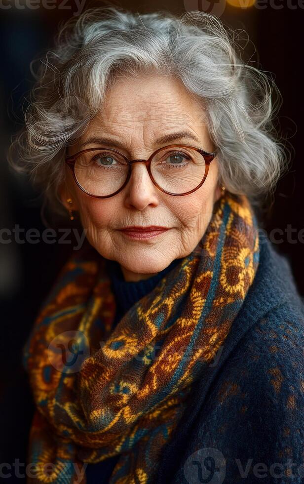 A woman with glasses and a scarf is smiling. She looks happy and content. The scarf is colorful and adds a pop of color to her outfit photo