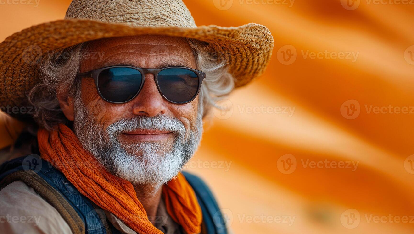 A man wearing a straw hat and sunglasses is smiling. He is wearing a scarf and a backpack photo
