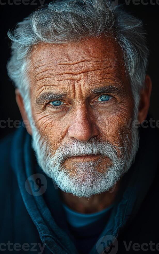 A man with a beard and gray hair is wearing a blue jacket. He has a blue eye and a white mustache photo