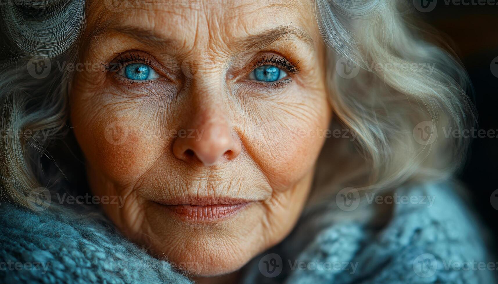 A woman with blue eyes and grey hair is wearing a blue sweater. She is looking at the camera with a serious expression photo