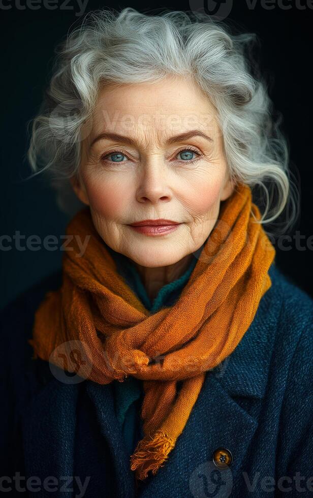 A woman with a scarf wrapped around her neck and a blue coat photo