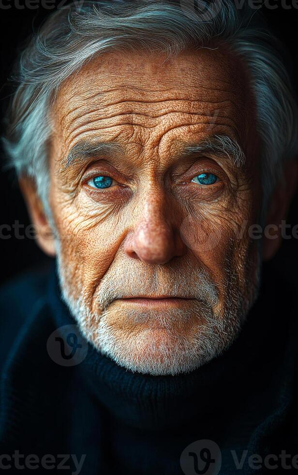 A man with a beard and a blue eye. He is wearing a black sweater. The man has a serious expression on his face photo