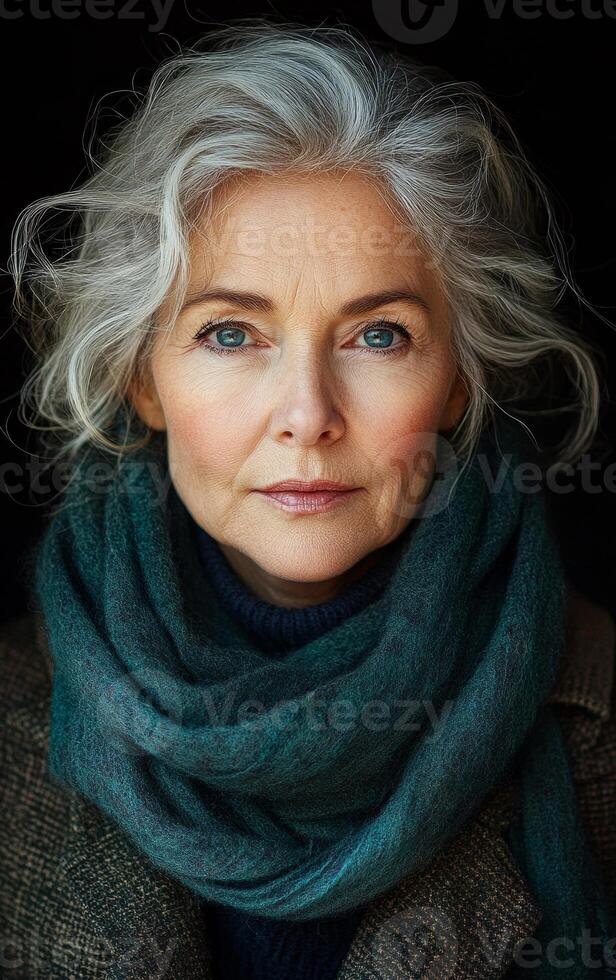 A woman with a scarf on her head and a blue scarf around her neck. She has a blue eye shadow and a blue scarf photo