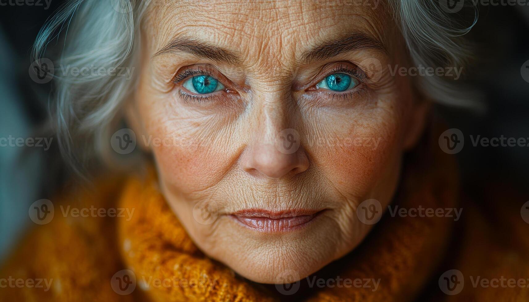 A woman with blue eyes and a red scarf. She has a serious expression on her face. The scarf is orange and has a pattern photo