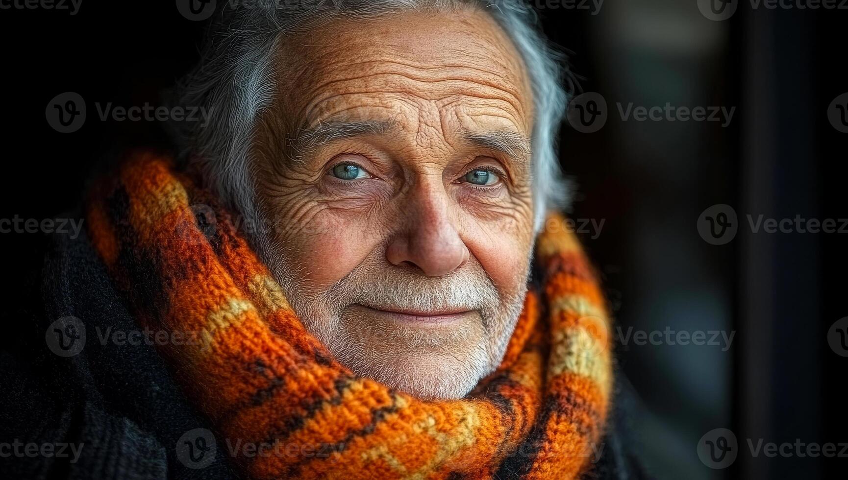 A man with a scarf wrapped around his neck and a smile on his face. The scarf is orange and has a striped pattern photo