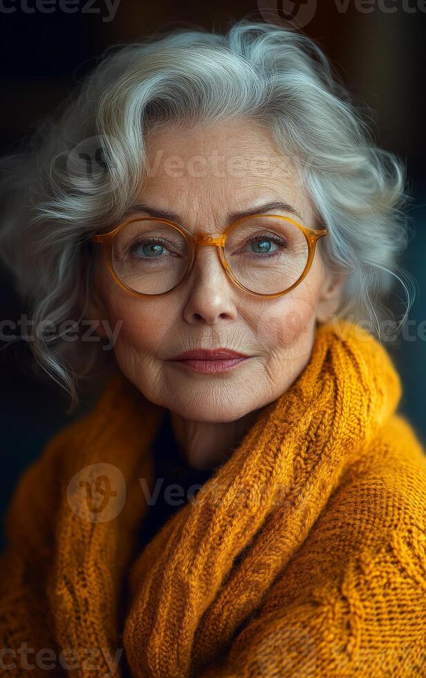 A woman with glasses and a yellow scarf is sitting in a chair. She has a serious expression on her face photo