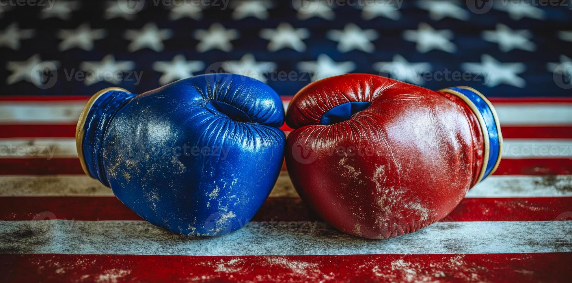 Two boxing gloves with the American flag in the background. The gloves are blue and red. Concept of patriotism and pride in the United States photo