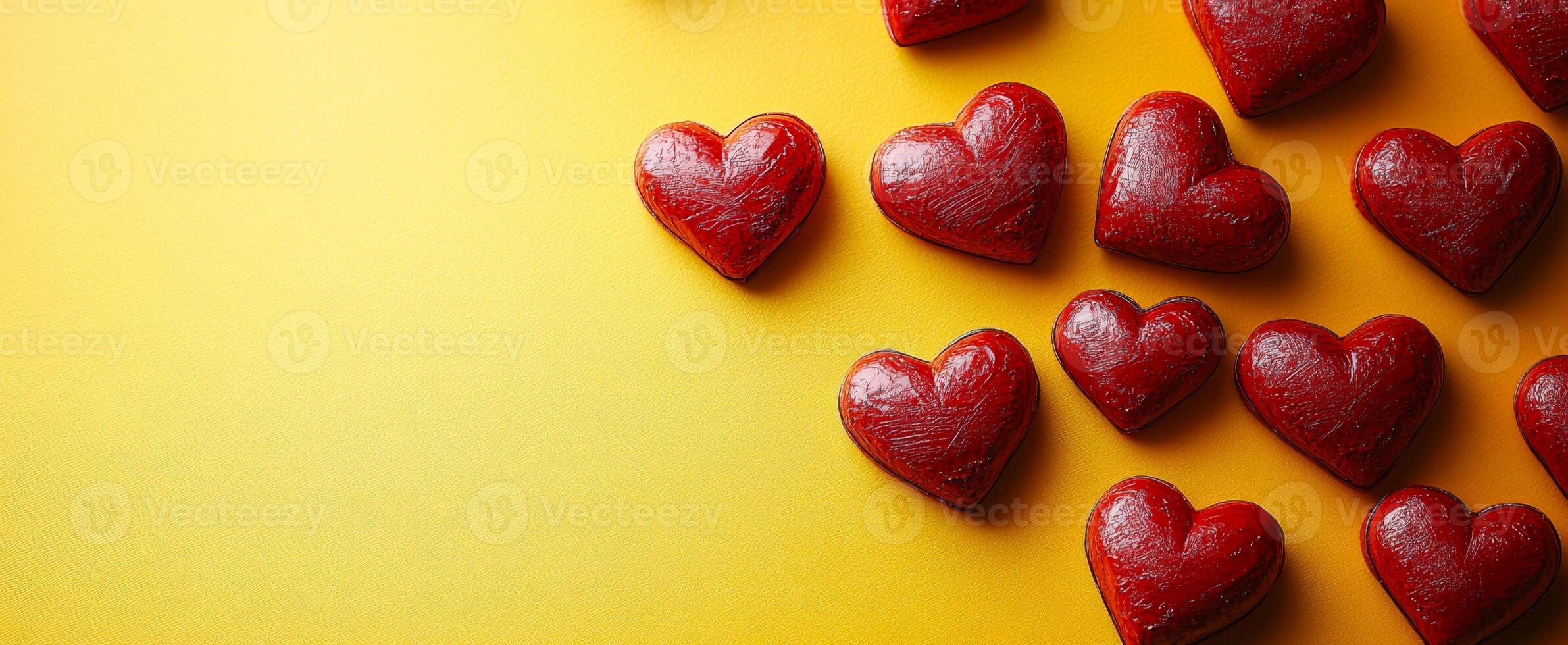 A row of red hearts are on a yellow background. The hearts are arranged in a way that they are all facing the same direction. Concept of love and warmth, as the hearts are a symbol of affection photo