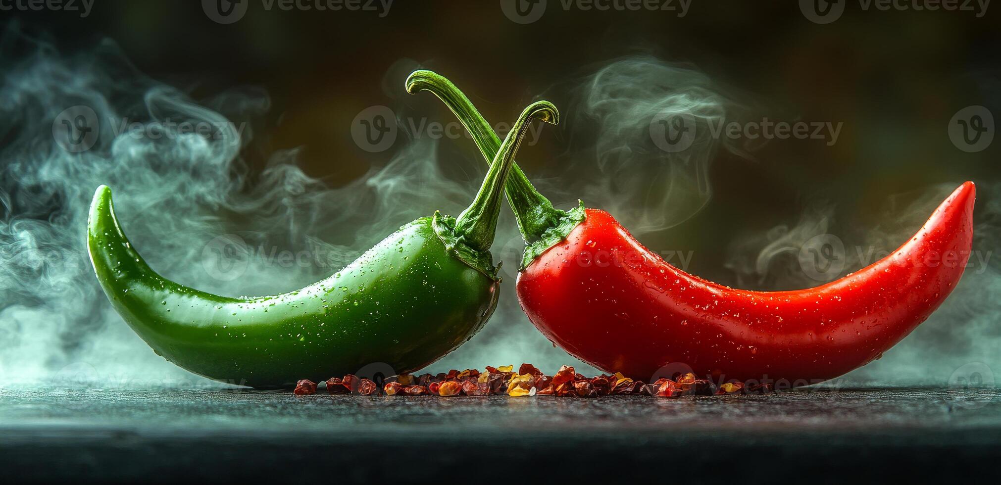 Two peppers are shown in a close up, one green and one red. The peppers are surrounded by a pile of spices, including chili powder and cayenne pepper. Concept of heat and spice photo