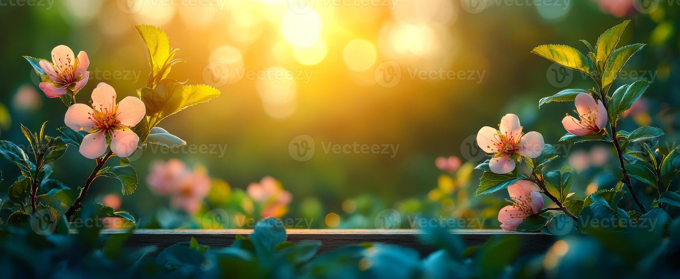A beautiful scene of pink flowers with a bright sun in the background. The flowers are in full bloom and the sun is shining brightly, creating a warm and inviting atmosphere photo