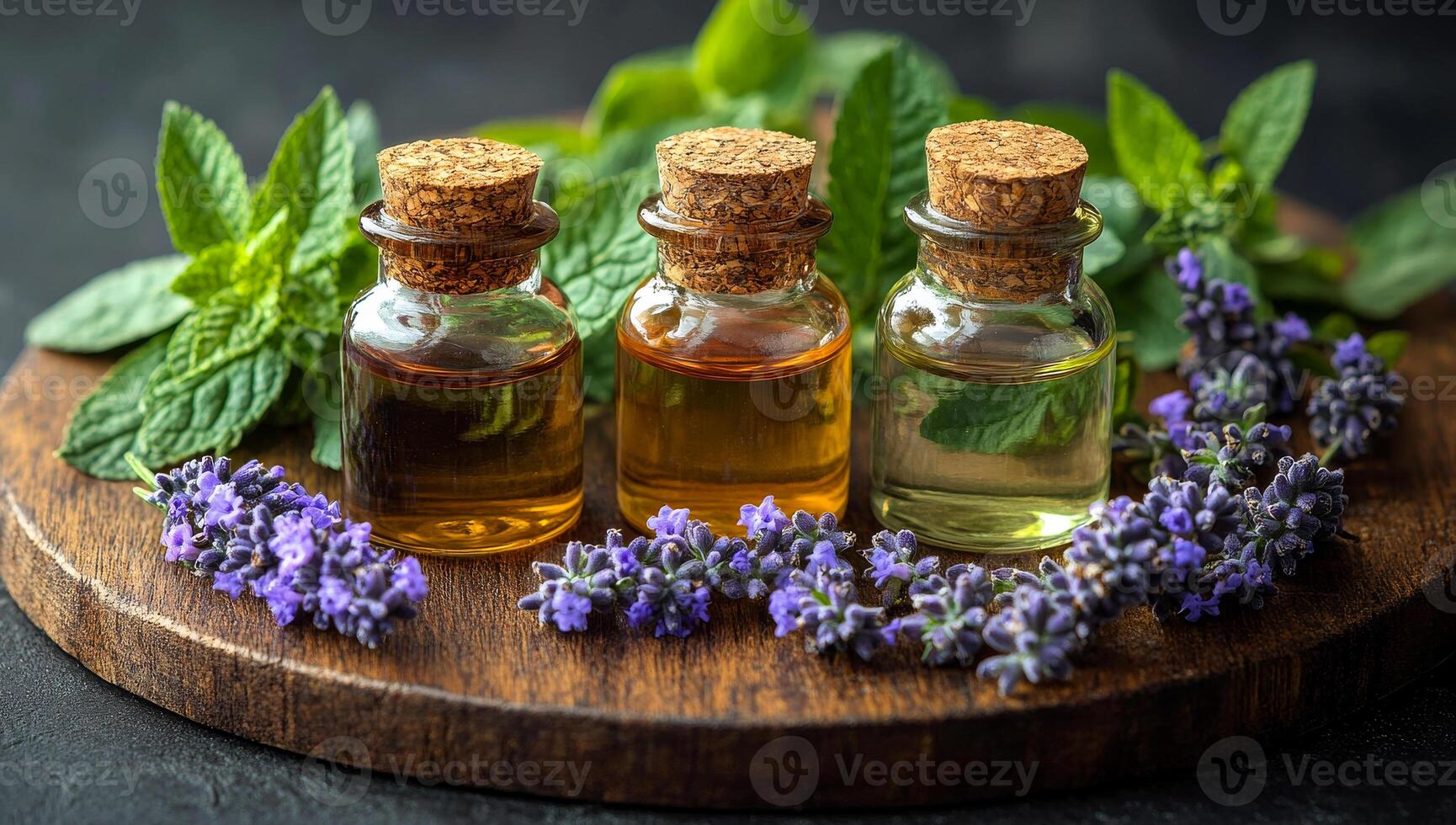 Three small glass bottles of essential oils are displayed on a wooden table with purple flowers. The bottles are arranged in a row, with one on the left, one in the middle, and one on the right photo