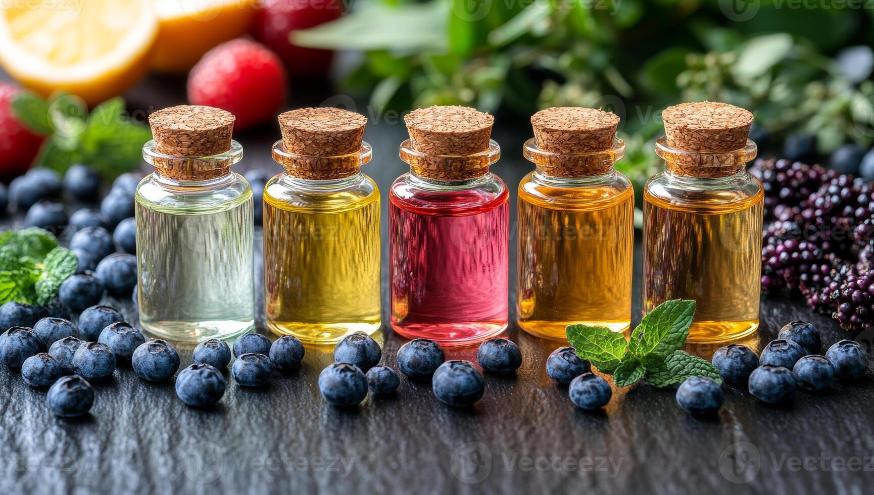 A collection of five different colored bottles of essential oils are displayed on a table with blueberries and other fruits photo