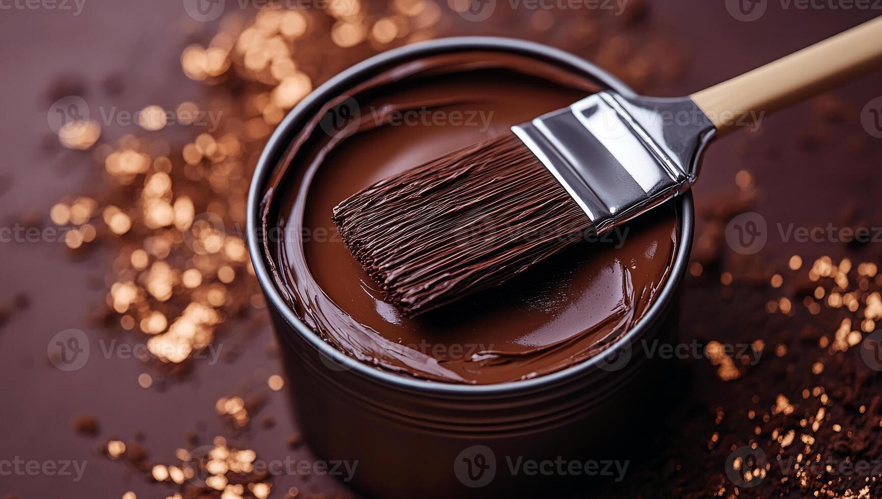 A chocolate brush is dipped into a chocolate sauce and rests in a bowl of chocolate photo