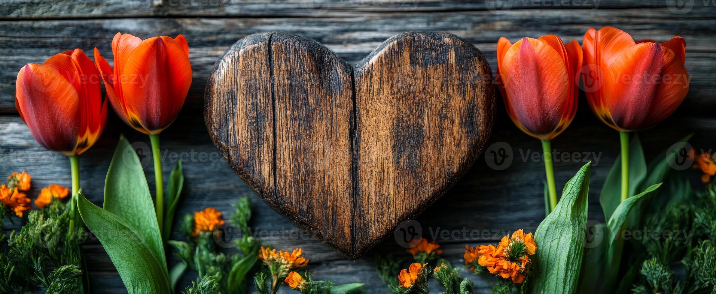 A wooden heart is surrounded by flowers and leaves. The heart is placed in the center of the image, with the flowers and leaves surrounding it. Concept of love and warmth, as the heart photo