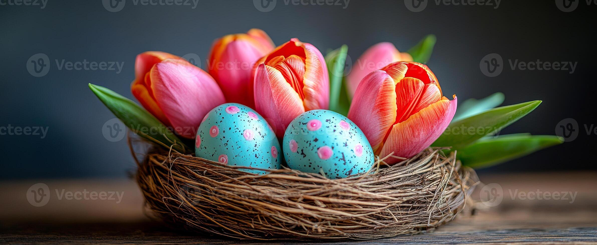 A basket of eggs and flowers with a blue egg in the middle. The basket is on a table photo